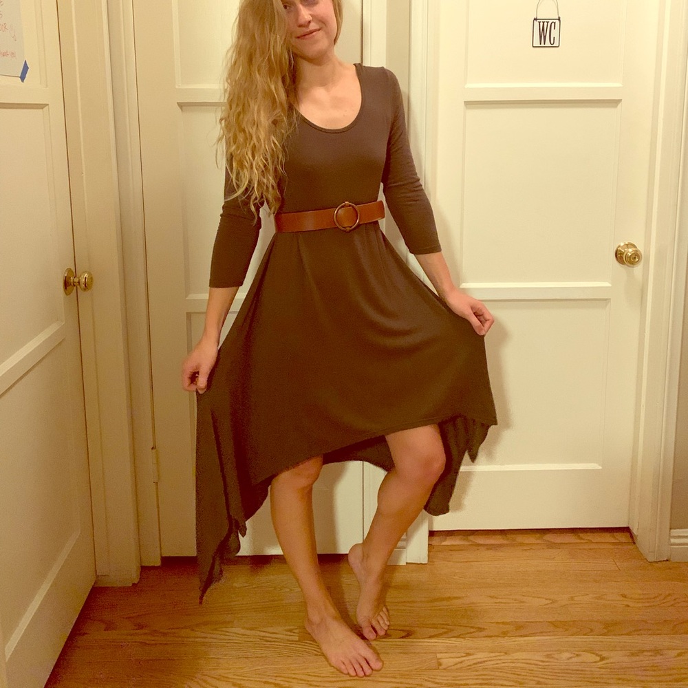 Asymmetric, hi-low, quarter sleeve dress, olive